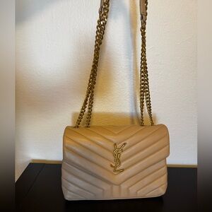 Beige Quilted Shoulder Bag with Gold Chain